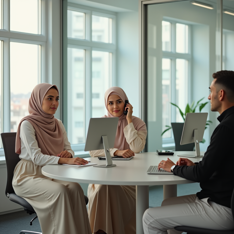 create a wide picture of 2 beautiful iranian women in hijab and a man in an office the first daught ii2b55g8j2nef596tqhy 2